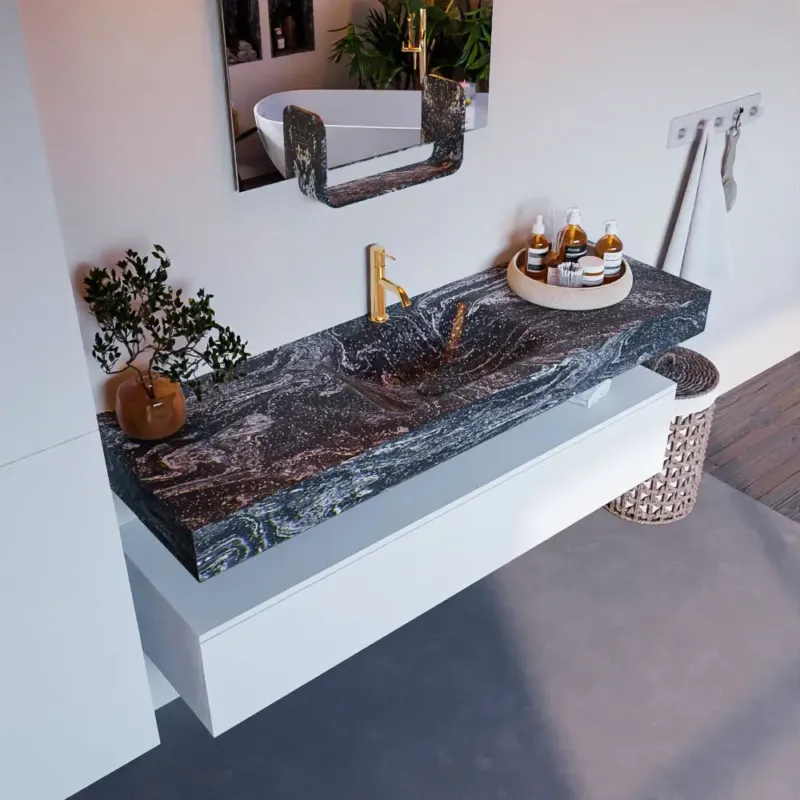 Beperkt Aanbod Mondiaz Alan DLux badmeubel 150cm talc 1 lade met wastafel lava midden 1 kraangat
