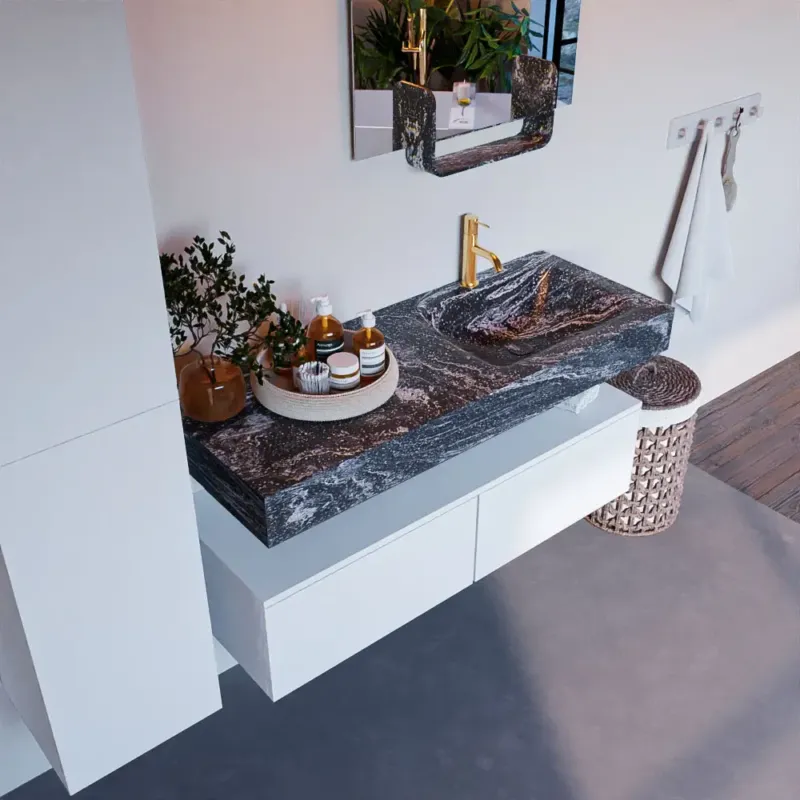 Premium Mondiaz Alan DLux badmeubel 120cm talc 2 lades met wastafel lava rechts 1 kraangat