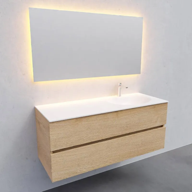 Badkamermeubel Solid Surface AQS Stockholm 120x46 cm Rechts Wood Washed Oak (met 1 kraangat) Beperkte Voorraad
