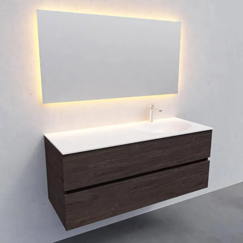 Direct Beschikbaar Badkamermeubel Solid Surface AQS Stockholm 120x46 cm Rechts Wood Dark Brown (met 1 kraangat)