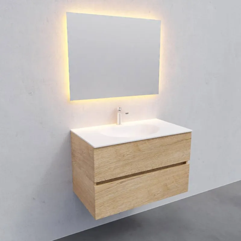 Badkamermeubel Solid Surface AQS Stockholm 80x46 cm Wood Washed Oak (1 kraangat) Merkproduct