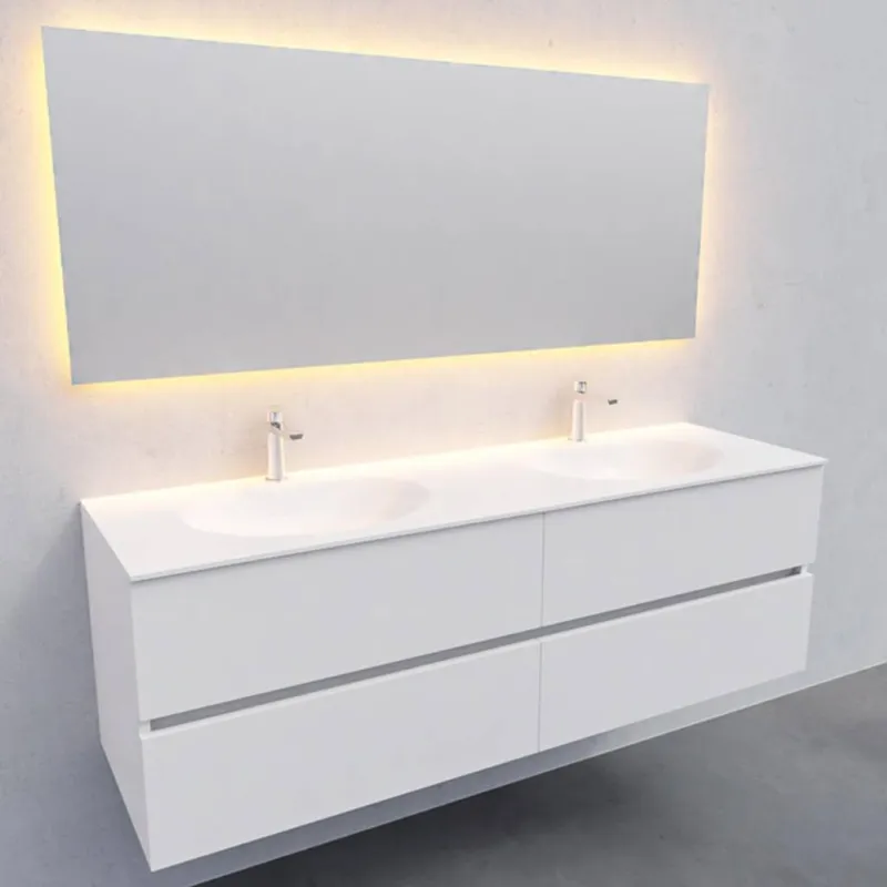 Bestel Nu Badkamermeubel Solid Surface AQS Stockholm 150x46 cm Dubbel Mat Wit 4 Laden (met 2 kraangaten)