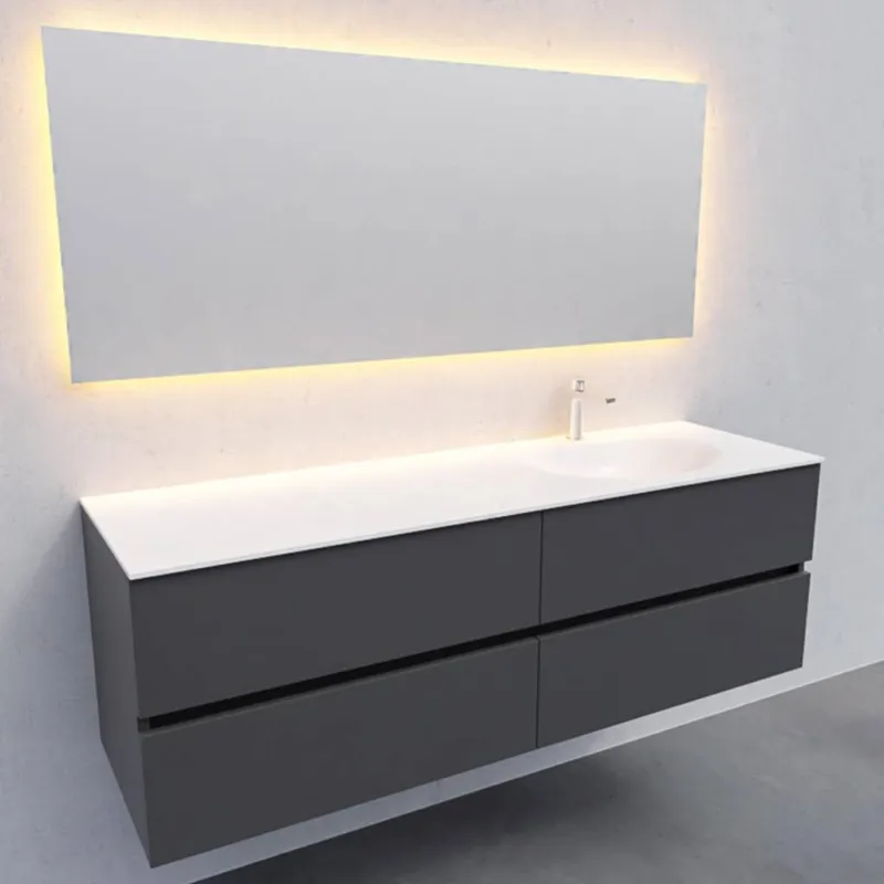 Badkamermeubel Solid Surface AQS Stockholm 150x46 cm Rechts Mat Antraciet 4 Laden (met 1 kraangat) Seizoensaanbieding