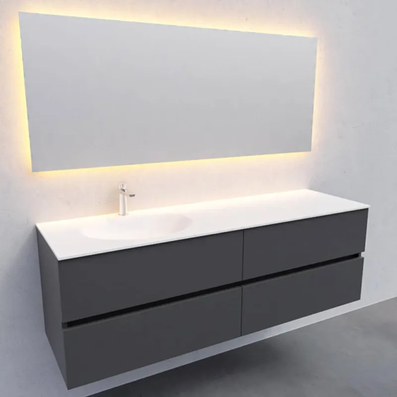 Bestseller Badkamermeubel Solid Surface AQS Stockholm 150x46 cm Links Mat Antraciet 4 Laden (met 1 kraangat)
