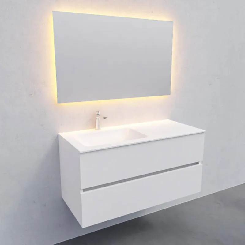 Direct Verzonden Badkamermeubel Solid Surface AQS Oslo 100x46 cm Links Mat Wit (met 1 kraangat)